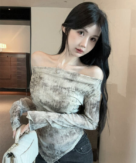 실사 디자인 센스 불규칙 홀치기 염색 긴팔 몸매 가꾸기 슬림해 보이는 기본 셔츠 맨위 정가