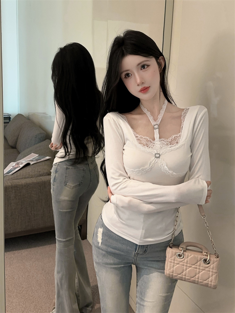 BY30805# 纯欲辣妹性感挂脖方领拼接蕾丝花边内搭打底衫上衣 服裝批發女裝批發服飾貨源