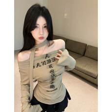实拍美式复古辣妹长袖字母印花修身显瘦上衣T恤