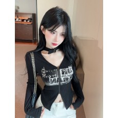 批发实拍挂脖字母印花设计感显瘦不规则<b class='q'>打底衫</b><b class='q'>针织</b>上衣T恤