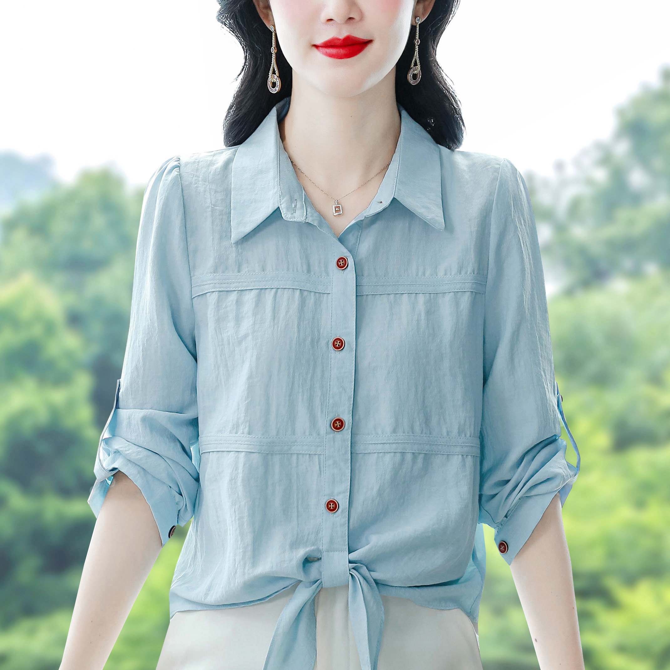 RY1805# 2026春上新苎麻长袖衬衫女下摆打结系带设计感小众洋气上衣