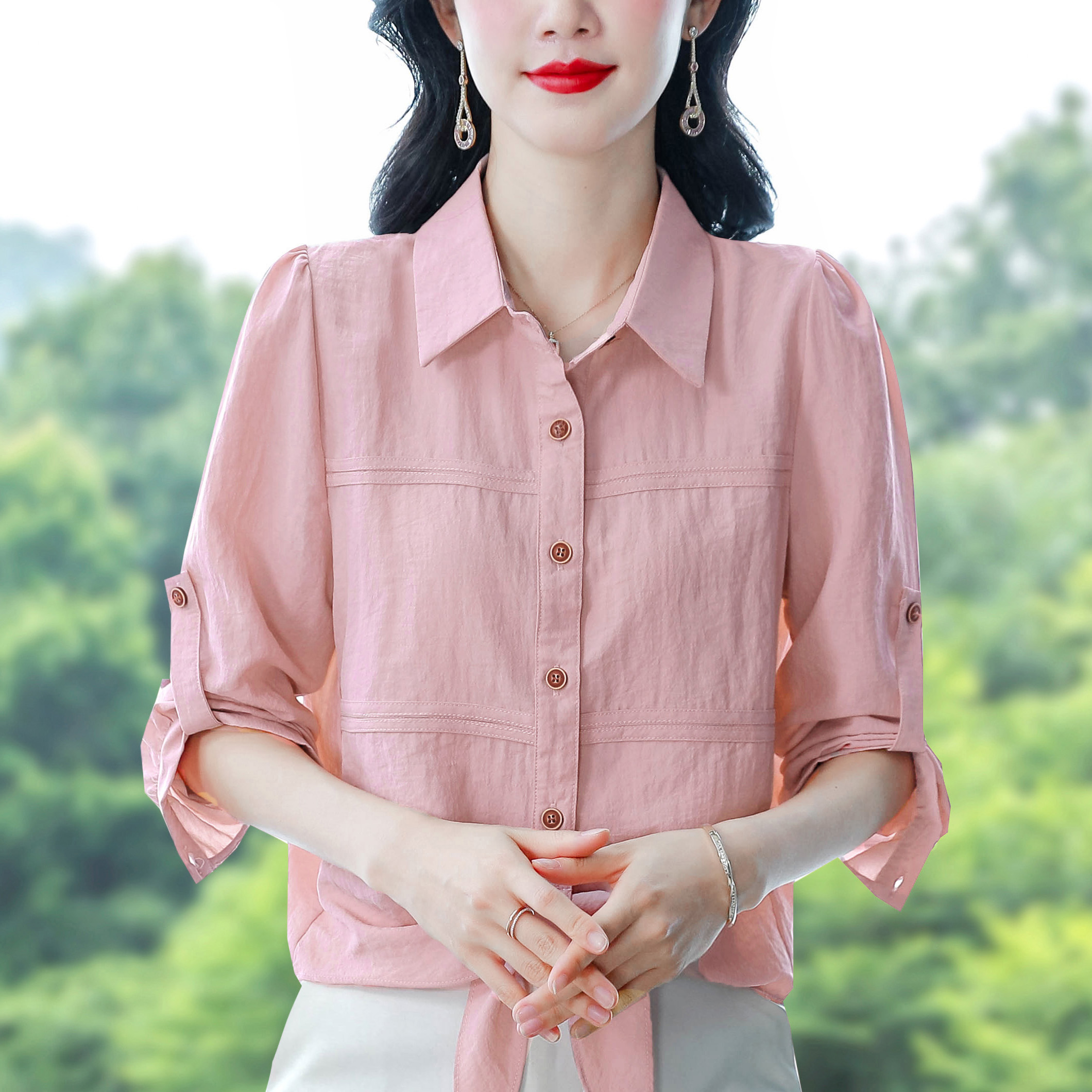 2026 봄 새로운 라미 긴팔 여성 셔츠 밑단 매듭이 달린 레이스업 디자인 센스 작은 대중 외국 가스 맨위