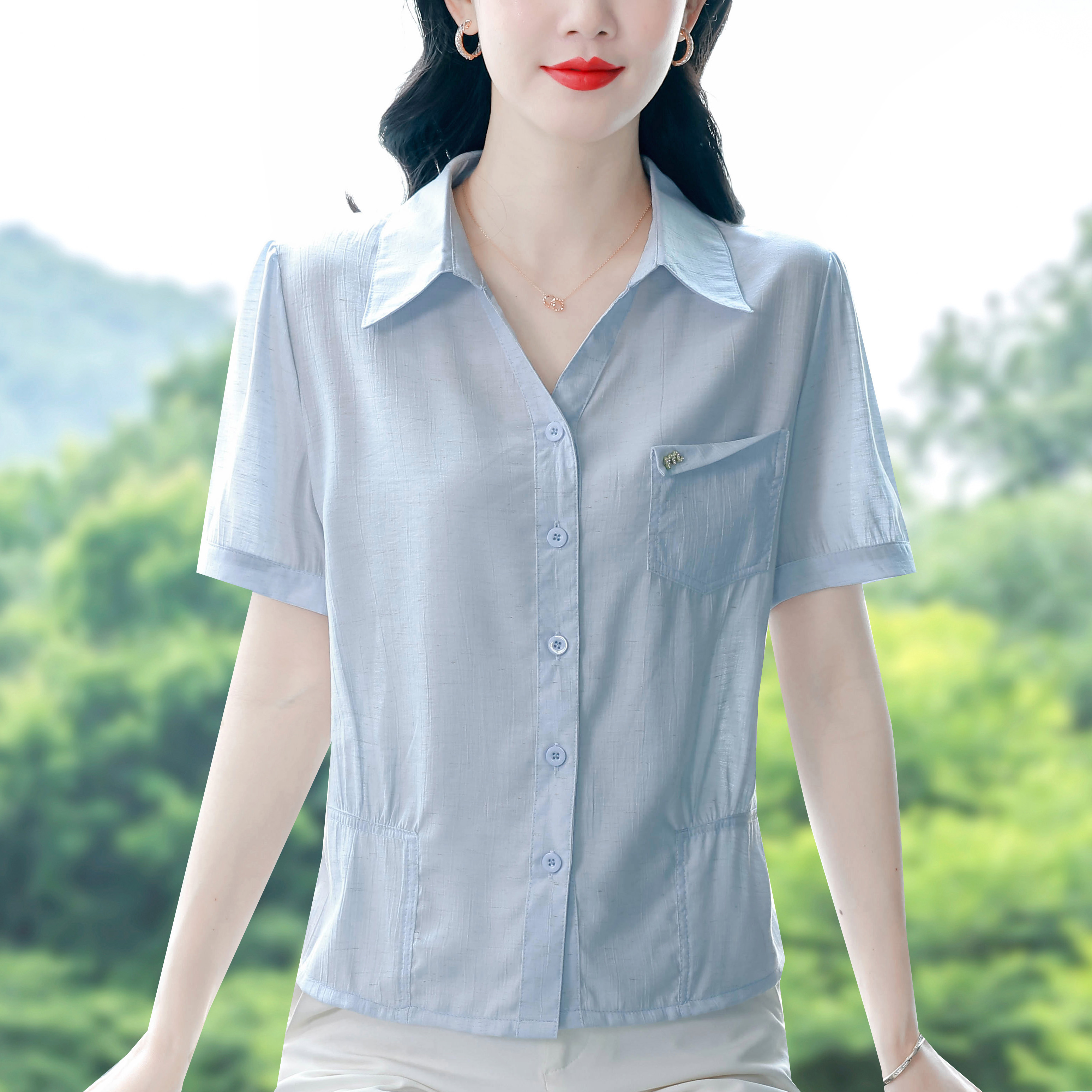 RY1807# 2026夏季新款洋气减龄纯色V领短袖衬衫女收腰显瘦气质百搭上衣