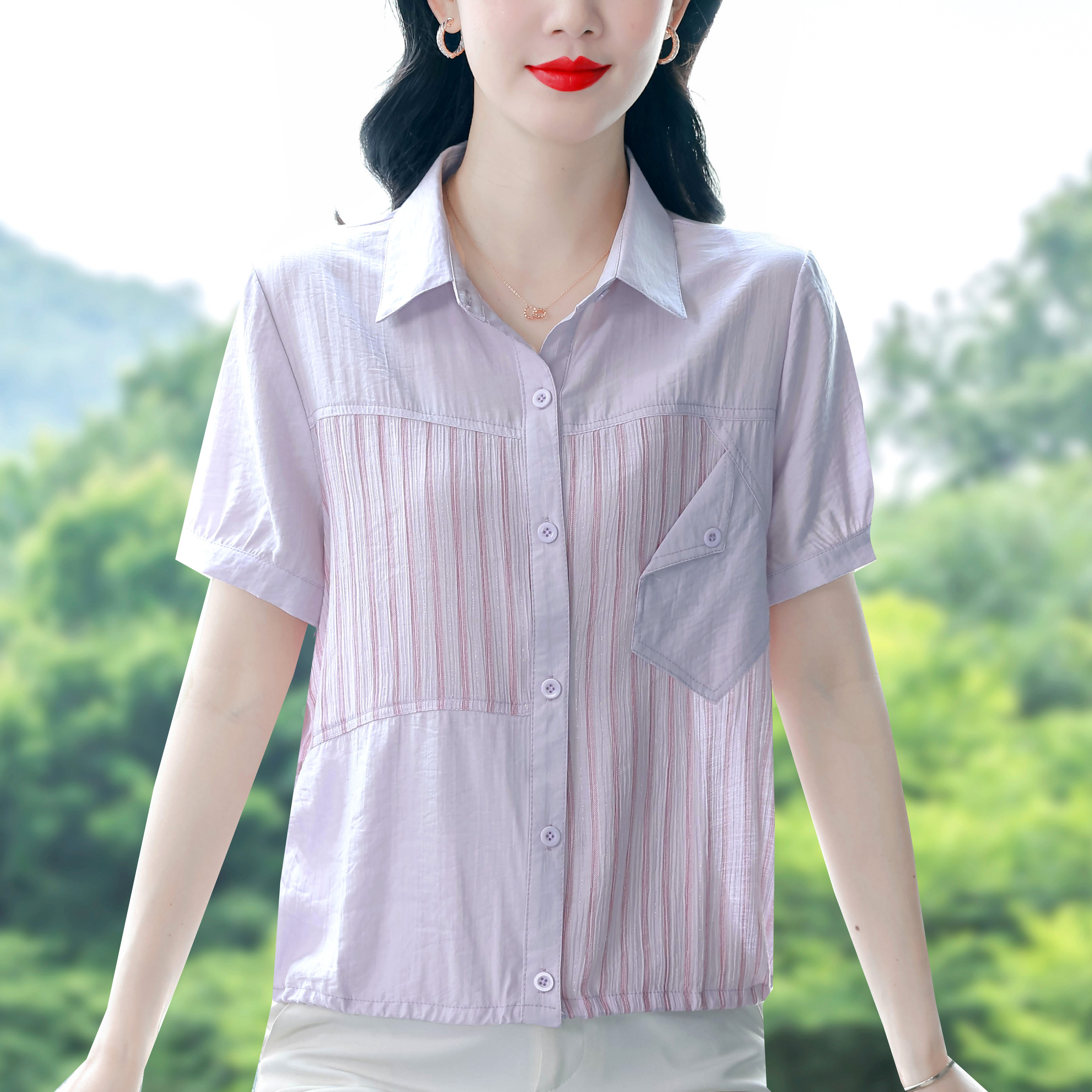 RY1806# 2026夏上新洋气减龄翻领短袖条纹拼接衬衫女宽松显瘦气质百搭上衣