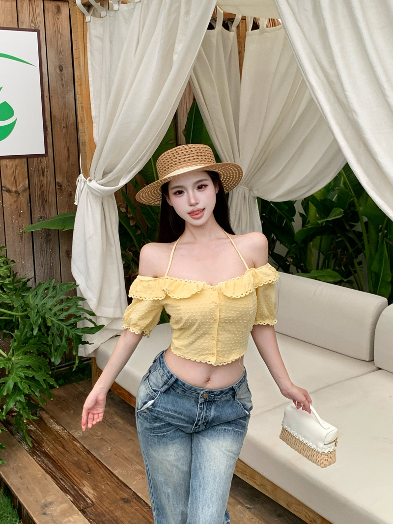 실사 정가 단색 작은 셔츠 달콤함 연령 감소 분위기 센스 작은 흰색 꽃 레이스 칼라 오프숄더 반팔 맨위