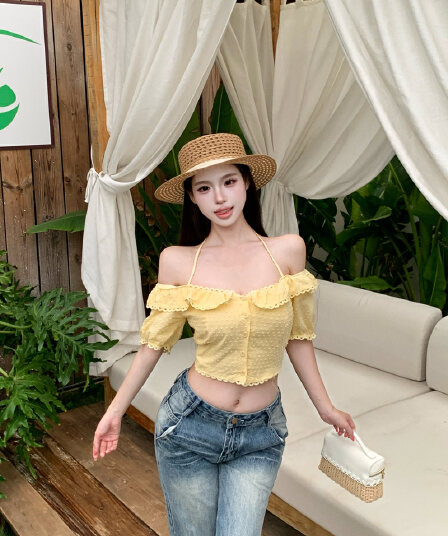 실사 정가 단색 작은 셔츠 달콤함 연령 감소 분위기 센스 작은 흰색 꽃 레이스 칼라 오프숄더 반팔 맨위