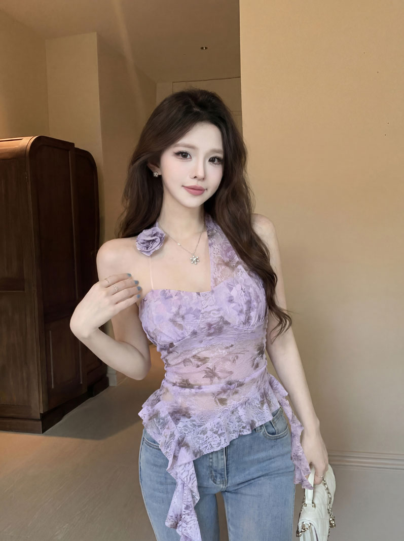 실사 프랑스식 레이스 맨위 불규칙 마이크로 ~을 통해 얇은 스타일 리본 티셔츠 여성 여름 순수한 욕망 행침 목 프린트 조끼
