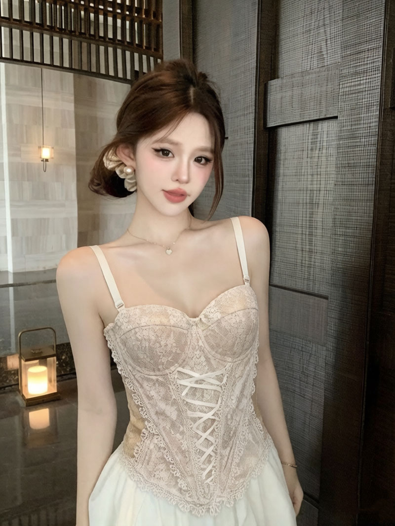 실사 낭만주의 생선뼈 레이스 튜브탑 조끼 무거운 작업 패치워크 망사 슬립 맨위