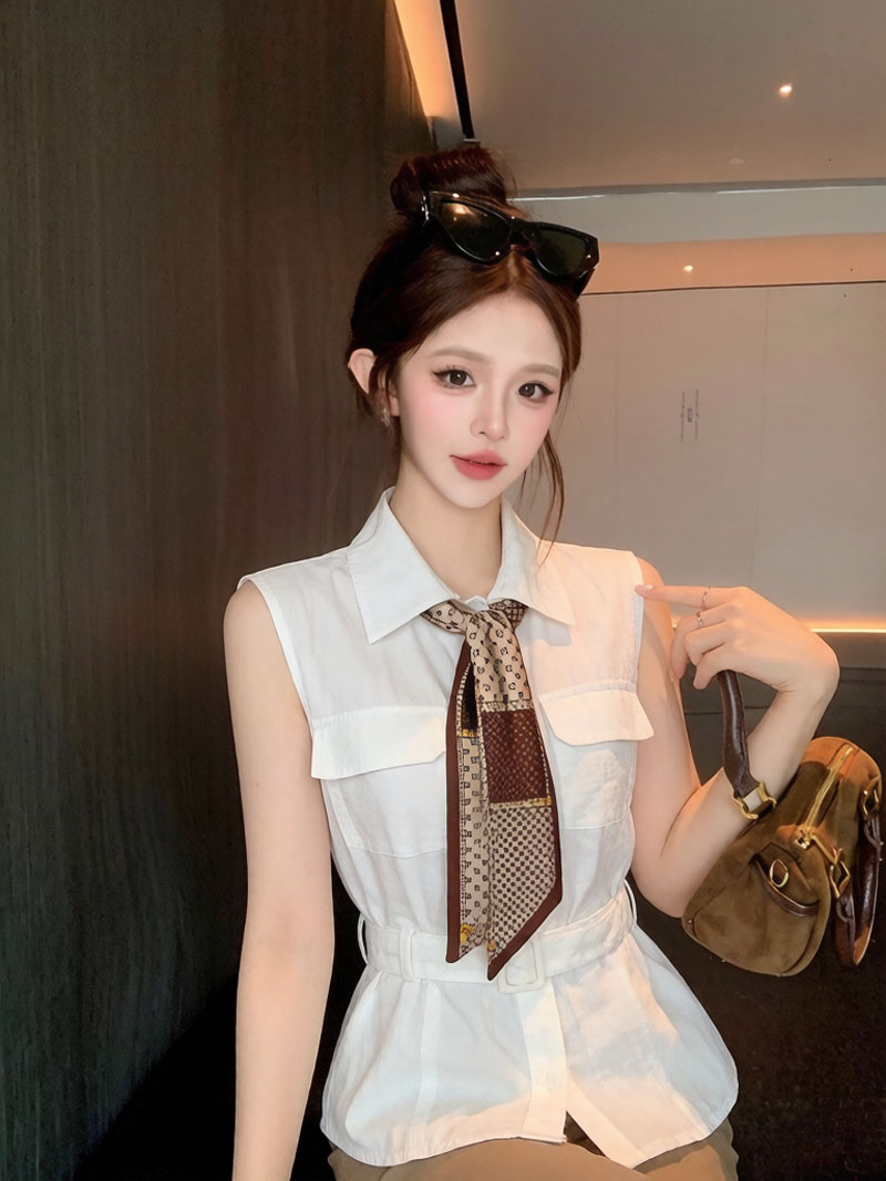 BY27603# 老钱风丝巾Polo领无袖衬衫女夏季高级感收腰上衣独特漂亮衬衣 服裝批發女裝批發服飾貨源