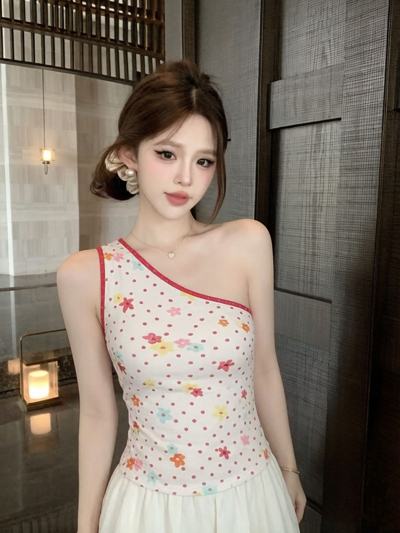 실사 핫픽스 배색 꽃 도트 무늬 비스듬한 어깨 몸매 가꾸기 캐미솔 여름 핫걸 도파민 슬림해 보이는 쇼트 스타일 맨위