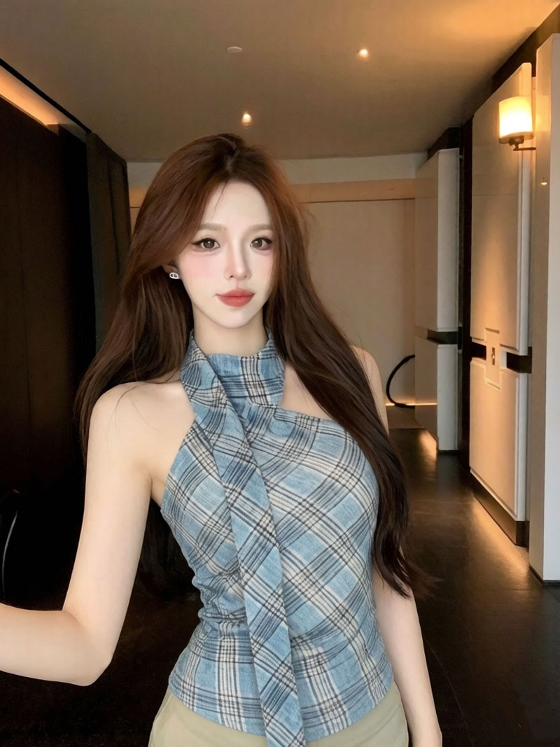BY27593# 美式复古格子吊带背心女外穿设计感斜肩辣妹网纱挂脖上衣 服裝批發女裝批發服飾貨源
