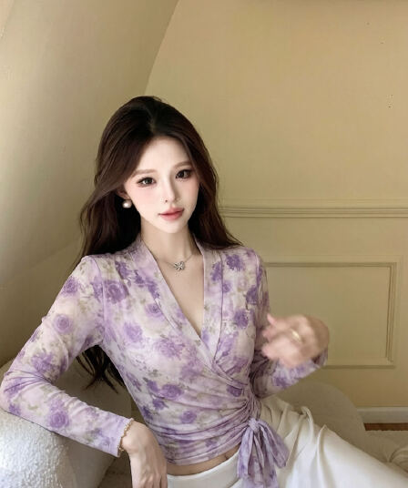 실사 보라색 꽃무늬 프린트 망사 맨위 여성 여름 새로운 몸매 가꾸기 여성 V넥 긴팔 허리 수축 작은 셔츠