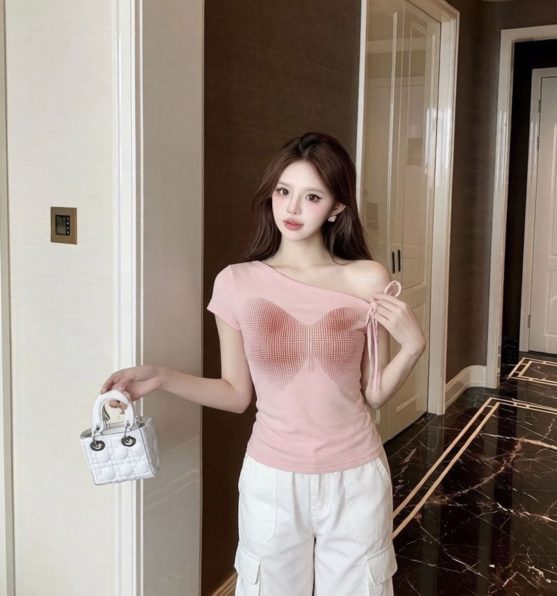 BY27590# 晕染蝴蝶印花斜肩系带短袖T恤夏季甜美少女风减龄显瘦ins上衣 服裝批發女裝批發服飾貨源
