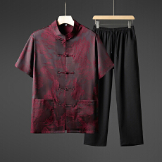 批发中国风夏季短袖冰丝套装<b class='q'>男</b>长裤唐装两件套爸爸爷爷装时尚休闲
