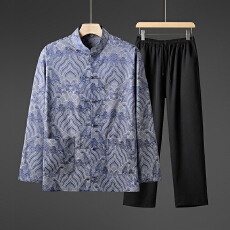 批发中国风夏季长袖冰丝套装<b class='q'>男</b>长裤唐装两件套爸爸爷爷装时尚休闲