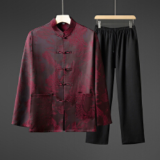 批发中国风夏季长袖冰丝套装<b class='q'>男</b>长裤唐装两件套爸爸爷爷装