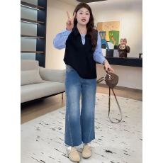 批发裂渡微胖大码女装【情话】轻熟简约衬衫拼接翻领假两件卫衣连衣裙