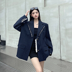 批发实拍实价双层木耳边蕾丝撞色条纹西装外套女宽松减龄垫肩西服上衣
