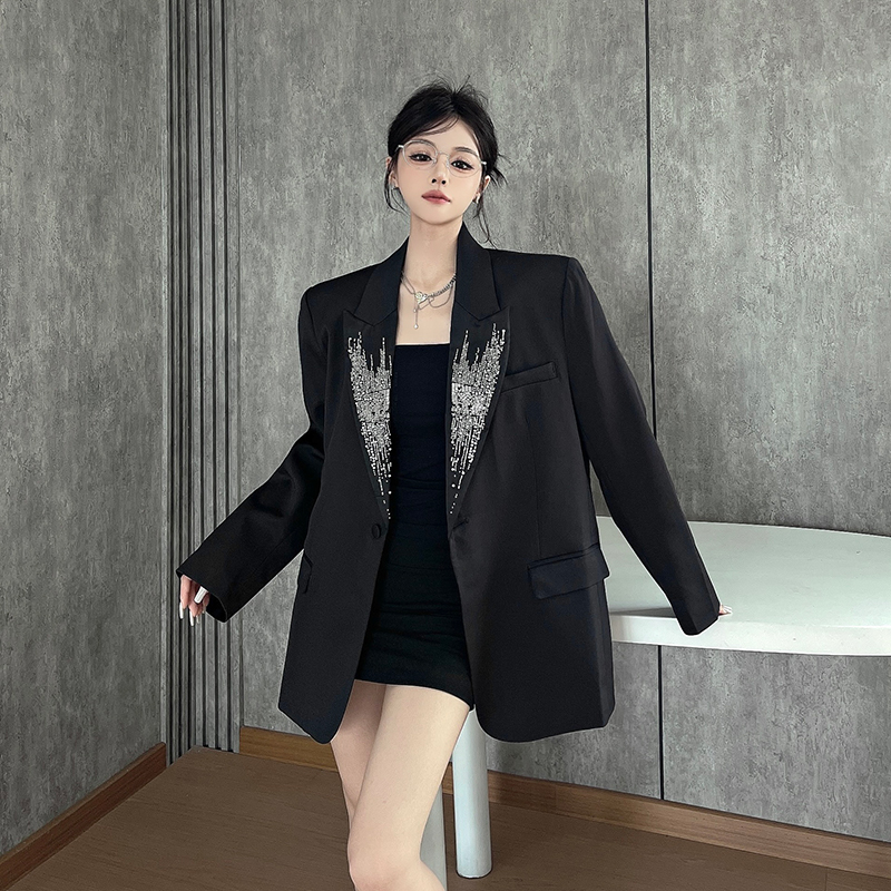 실사 정가 장 링 그는 같은 단락 수공 자수 구슬 블레이저 중성 침습성 거절 칼라 루즈핏 어깨 패드 정장 맨위