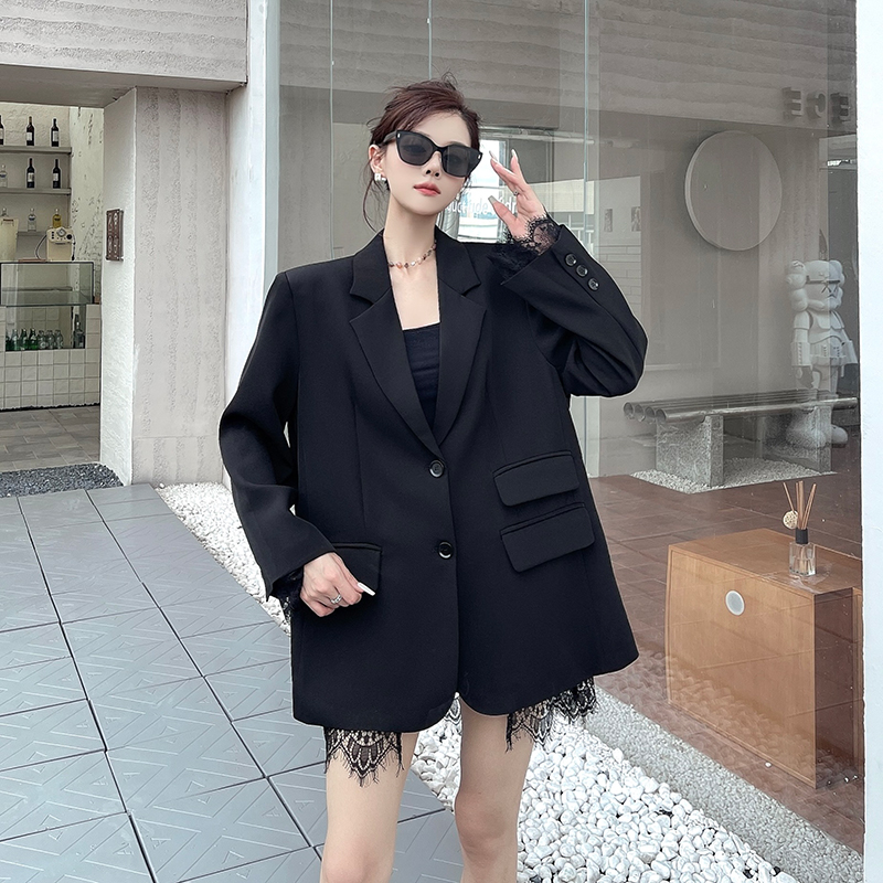 실사 정가 검정색 레이스 조각 정장 여성 코트 봄 가을 새로운 늑골 피부 느낌 외국 절단 정장 패션 다용도