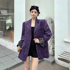 批发实拍实价  复古紫色灯芯绒西装外套女<b class='q'>春</b>秋新款高级感小众宽松西服