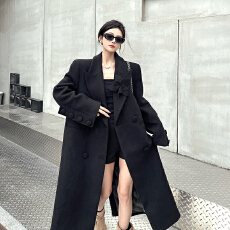 批发实拍实价黑色长款西装外套女秋冬新款高级感宽松加厚过膝西装大衣