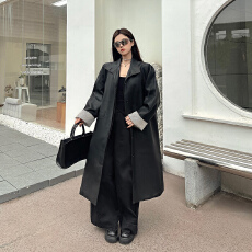 批发实拍实价复古黑色长款皮衣外套女<b class='q'>秋</b>冬新款宽松廓形加厚皮风衣棉服