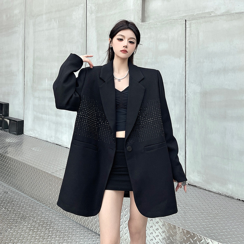 실사 정가 작은 대중 빛 럭셔리 핫픽스 검정색 정장 여성 코트 봄 가을 새로운 고급 센스 어깨 패드 정장 루즈핏