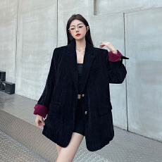 批发实拍实价2026加棉黑色红内衬雪尼尔西装外套女高级感拼色垫肩西服