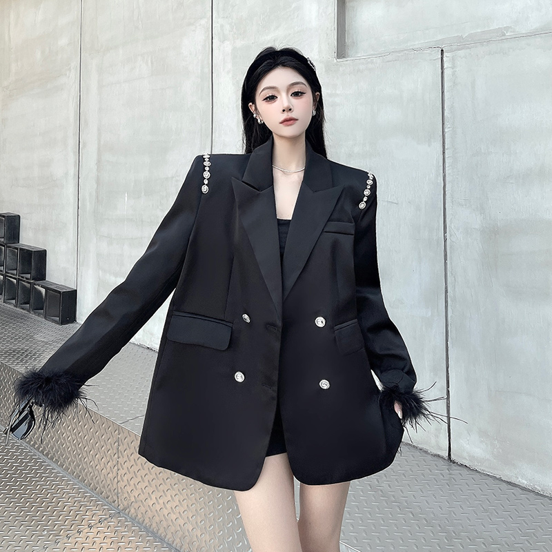 실사 정가 고급 센스 주문 훈련 깃털 술 새틴 블레이저 여성 긴 소매 명문 여성 비즈 박기 ol 정장