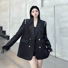 批发实拍实价 高级感订钻羽毛流苏缎面西装外套女长袖<b class='q'>名媛</b>钉珠ol西服