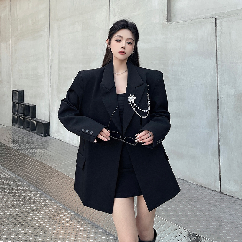 실사 정가 빛 럭셔리 작은 대중 디자인 센스 검정색 정장 여성 코트 프로필 모양 허리 수축 어깨 패드 악당 잘 생긴 정장 맨위