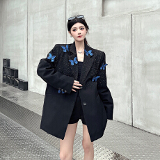 批发实拍实价 满天星烫钻立体蝴蝶装饰高定黑色西装外套女设计感西服