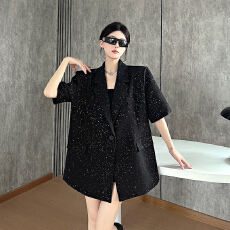 批发<b class='q'>实拍</b>实价 黑色满天星设计感半袖西装<b class='q'>外套</b>女夏季新款闪闪西装上衣