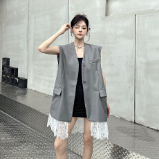 批发实拍实价 高级感灰色西装马甲女<b class='q'>夏</b>季新款蕾丝拼接V领坎肩马夹上衣