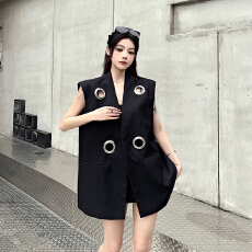 批发实拍实价设计感圆环黑色西装马甲高级感时髦显瘦无袖坎肩马夹外套