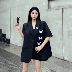 批发实拍实价 蝴蝶刺绣黑色<b class='q'>西装外套</b>女夏季新款小众绣花设计西服上衣