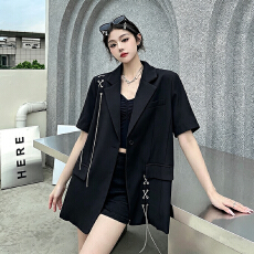 批发实拍实价 甜酷辣妹黑色西装外套女宽松小众设计感小个子<b class='q'>西服</b>上衣