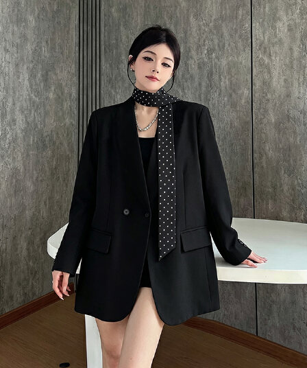 실사 정가 루즈핏 다용도 고급 센스 정장 여성 코트 가을 새로운 도트 무늬 레이스업 긴팔 어깨 패드 정장