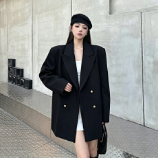 批发实拍实价 双排扣黑色毛呢<b class='q'>西装外套</b>女冬季加厚中<b class='q'>长款</b>宽松呢子大衣