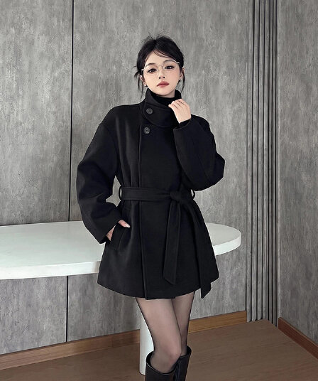 실사 정가 검정색 루즈핏 가을 어깨 레이스업 모직 여성 코트 가을 겨울 새로운 중간 길이 두꺼운 모직 코트