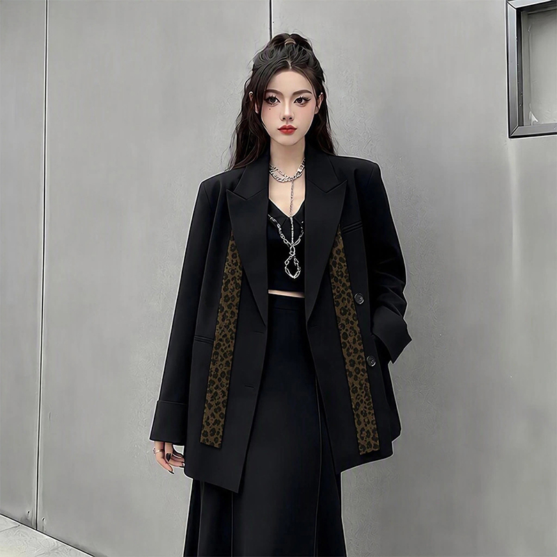 豹纹飘带设计气质西装外套女秋季新款宽松百搭垫肩西服  服裝批發女裝批發服飾貨源