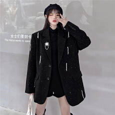 批发实拍实价 小众满天星黑色西装<b class='q'>外套</b>女高级感金属挂饰设计垫肩西服
