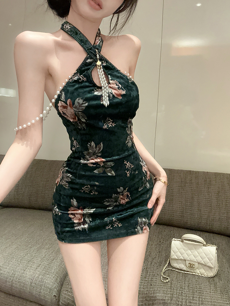 실사 정가 고전 바람 행침 목 백리스 꽃무늬 진주 치파오 여성 몸매 가꾸기 섹시함 명문 여성 드레스 2926