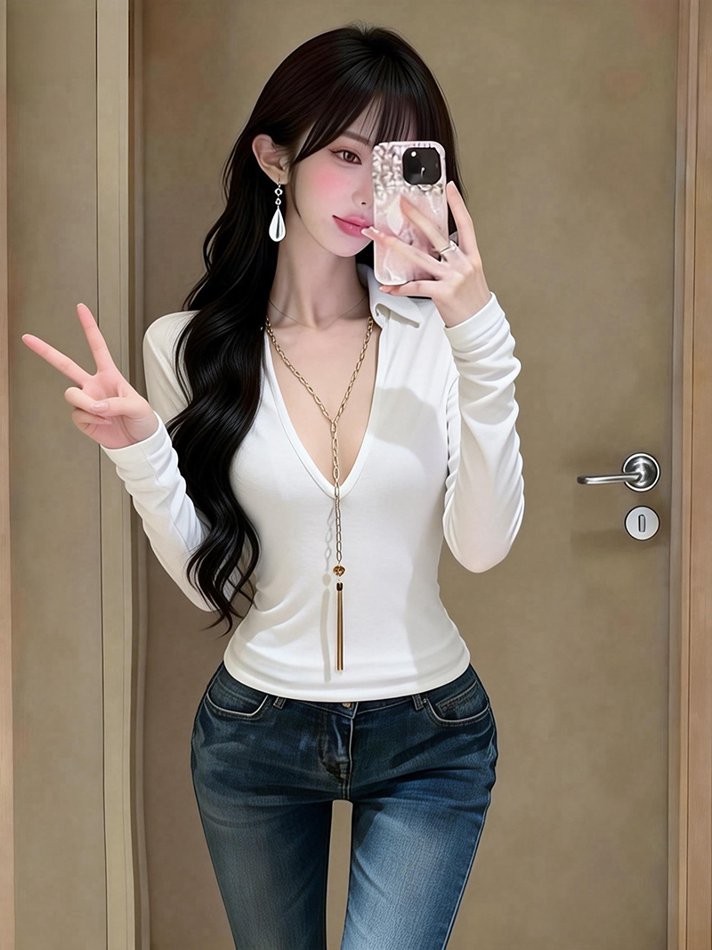 실사 정가 순수한 욕망 바람 V넥 긴팔 티셔츠 여성 가을 겨울 핫걸 몸매 가꾸기 슬림해 보이는 인사이드 가져 가라. 만나는 맨위 2918