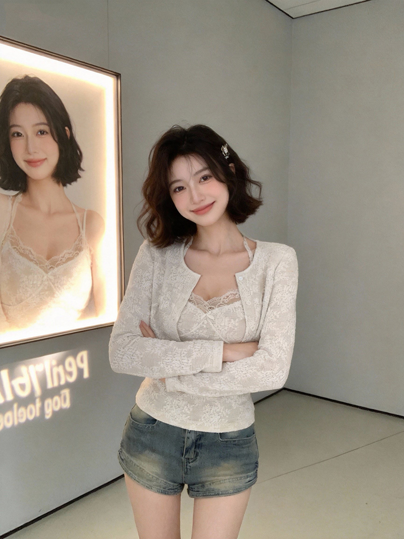 실사 정가 달콤함 레이스 조각 나비 매듭 캐미솔 긴팔 니트 오픈 가디건 두 조각 여성 세트 2922
