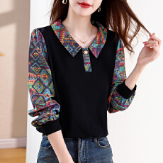 批发实拍<b class='q'>娃娃领</b>印花衬衫女2025秋季新款气质百搭减龄假两件上衣