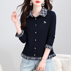 批发实拍2026春季新款长袖格子拼接衬衣假两件翻领针织开衫气质上衣女