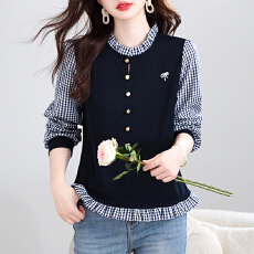 批发实拍假两件木耳领针织气质上衣女2026春季新款长袖格子拼接上衣