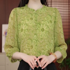 批发有货3D印花2026新款七分袖衬衫木耳边温婉减龄轻奢气质百搭小衫